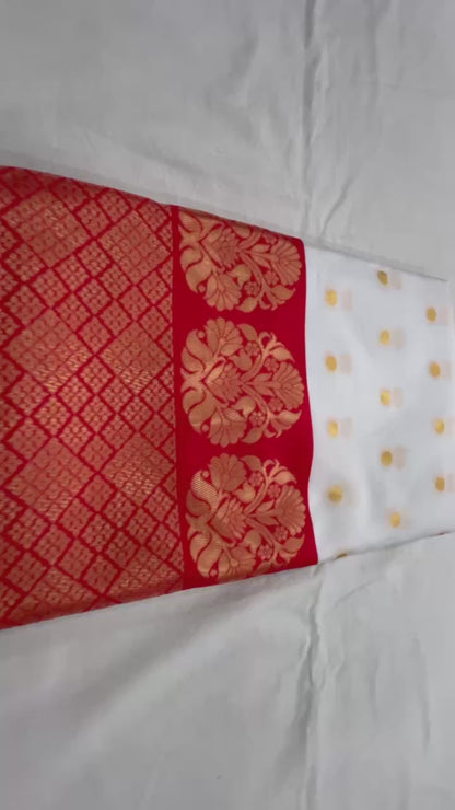 Golden Aura – White Saree with Red Border with All-Over Jacquard Work