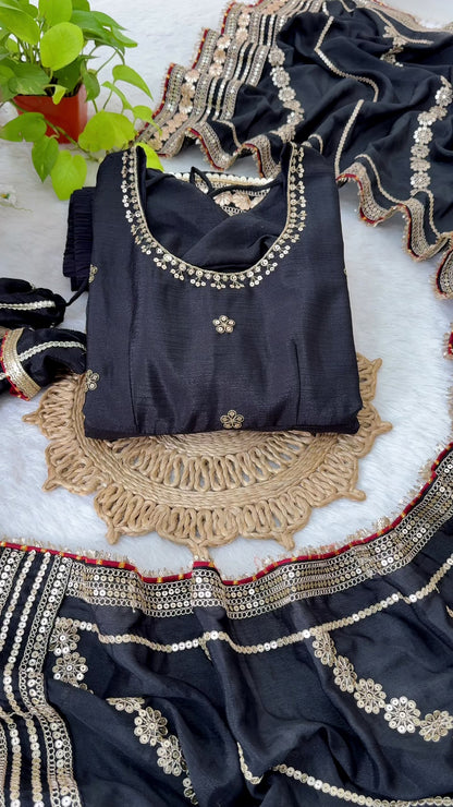 Raayka Noir Black Gold Sequin Floral Embroidered Anarkali Suit Set