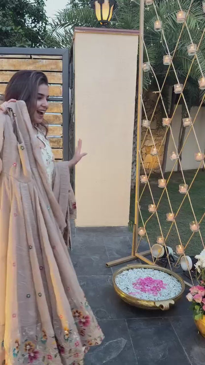 Gulzar Champagne Beige Floral Embroidered Anarkali Suit Set