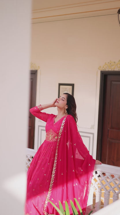 Gulabo Rani Pink Embroidered Gown With Duppata