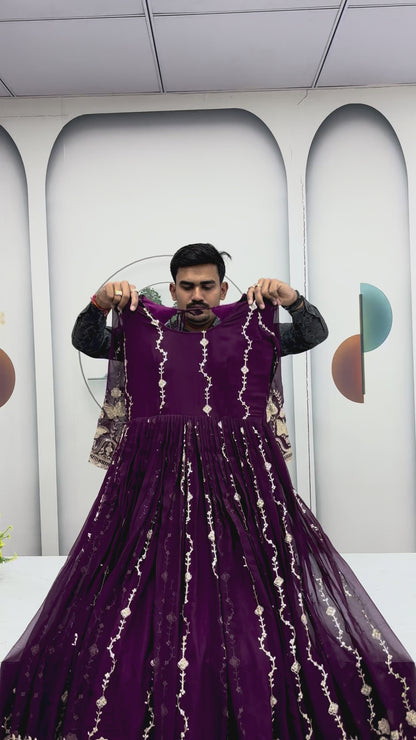 Deep Purple Georgette Anarkali Gown With Dupatta