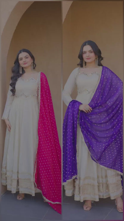 Anaya Ivory Pink Mirror Embroidered Gown with Duppata