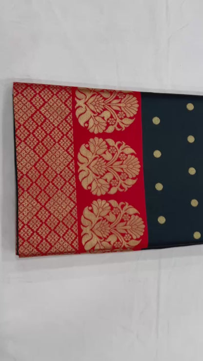 Beautiful black with golden polka motifs and a rich red border with golden zari work Saree with All-Over Jacquard Work