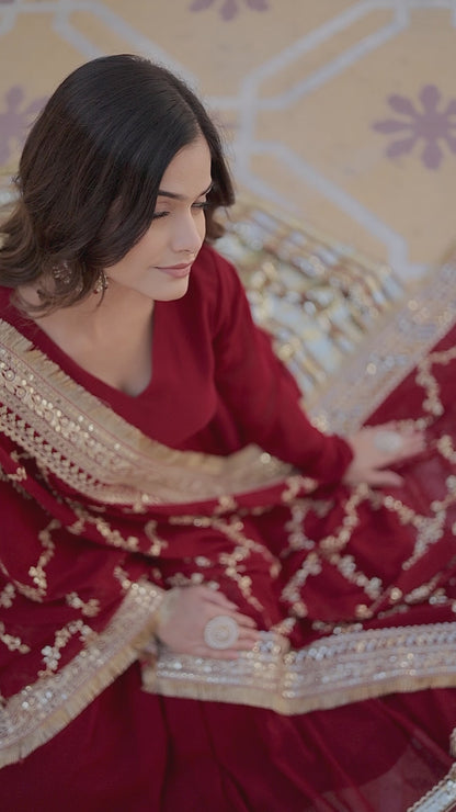 MAROON FAUX BLOOMING WITH EMBROIDERY ZARI SEQUINS-WORK GOWN