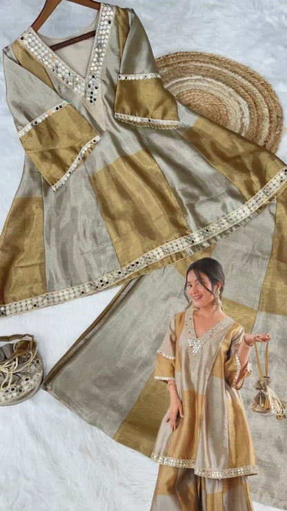 Tavishi Golden Two-Tone Tissue Mirror Work Sharara Suit Set