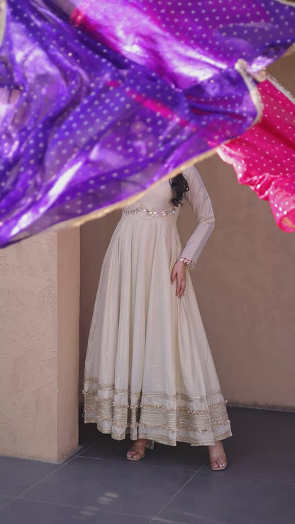 Anaya Ivory Pink Mirror Embroidered Gown with Duppata
