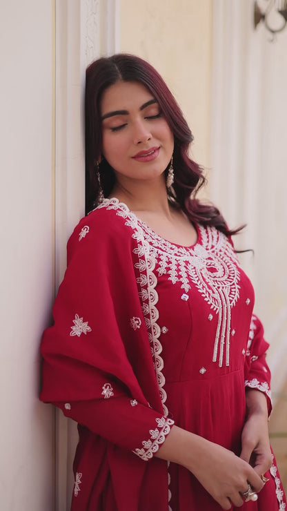 Suhira Red Mul Chanderi Embroidered Anarkali Set