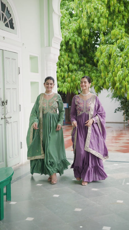 Elegant Pista Green Floral Embroidered Gown with Dupatta