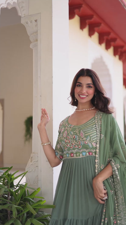 Elegant Pista Green Faux Blooming Sequins Embroidered Flared Gown