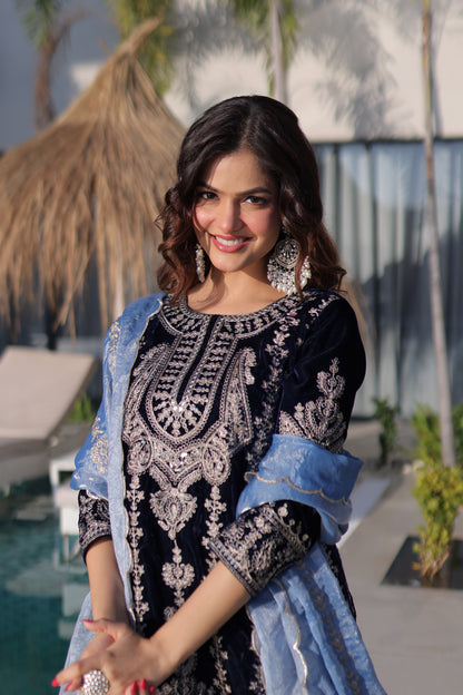 Royal Midnight Blue Velvet Embroidered Sharara Set