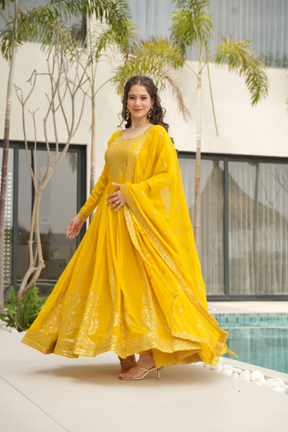 Suryani Mustard Yellow Embroidered Gown