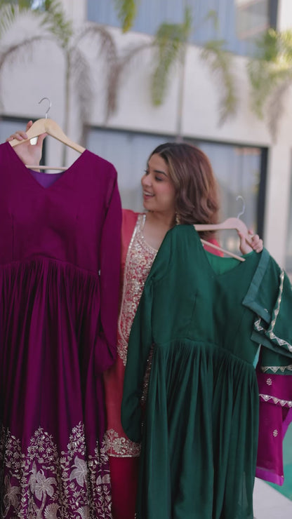 Shahi Emerald Green Peacock and Floral Embroidered Gown With Duppata