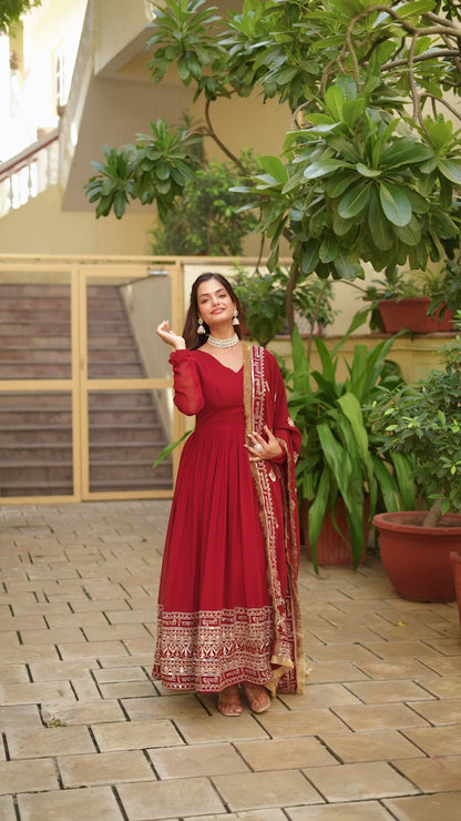Royal Crimson Traditional Embroidered Gown