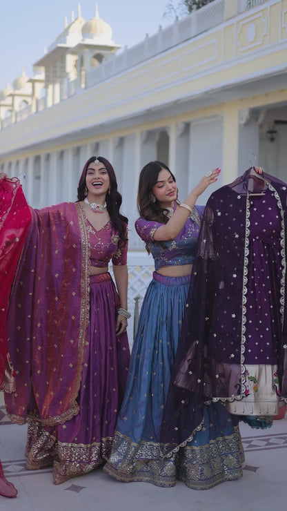 Vrindaa Wine Purple Paithani-Border Embroidered Lehenga Set