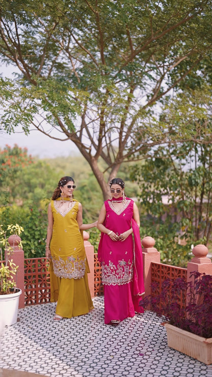 Mustard Yellow Embroidered Kurta Sharara Set