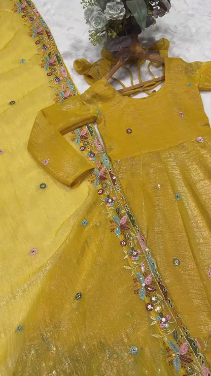 Nivriti Yellow Soft Crunchy Silk Embroidery Anarkali Suit Set