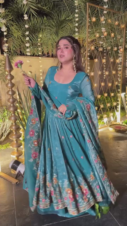 Gulzar Rama Teal Floral Embroidered Anarkali Suit Set