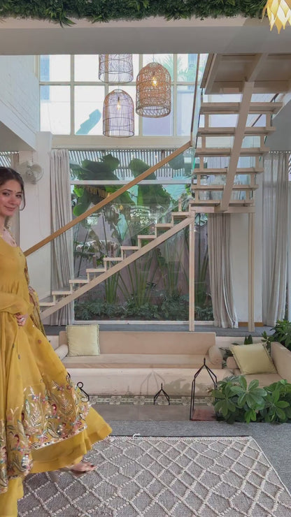 Nivriti Yellow Soft Crunchy Silk Embroidery Anarkali Suit Set