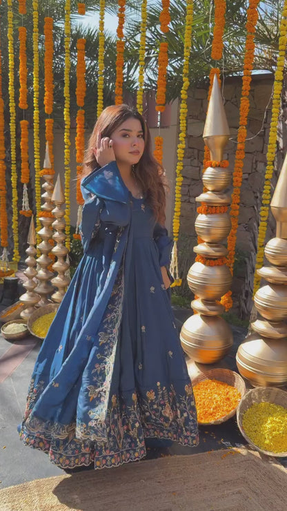 Royal Blue Heavy Silk Anarkali Suit Set