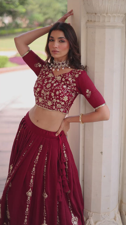 Regal Maroon Vichitra Silk Embroidered Lehenga Choli Set