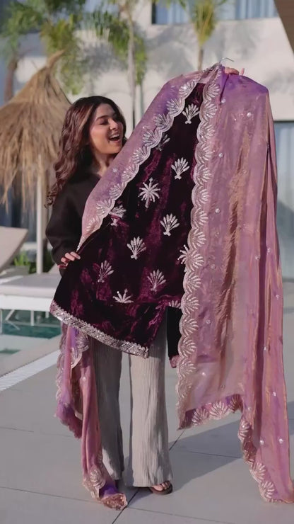 Royal Amethyst Velvet Palazzo Sharara Set
