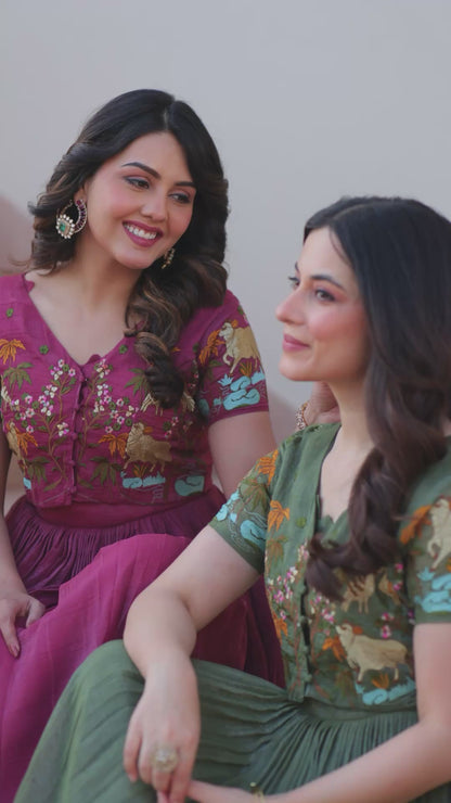Olive Green Botanical Work Gown with Koti