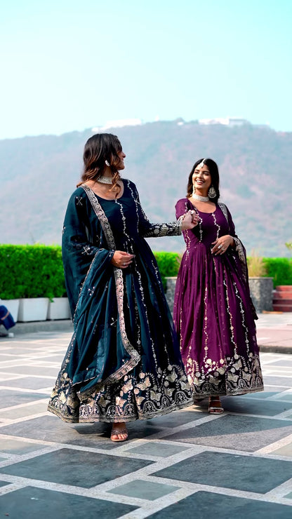 Teal Blue Georgette Anarkali Gown with Dupatta