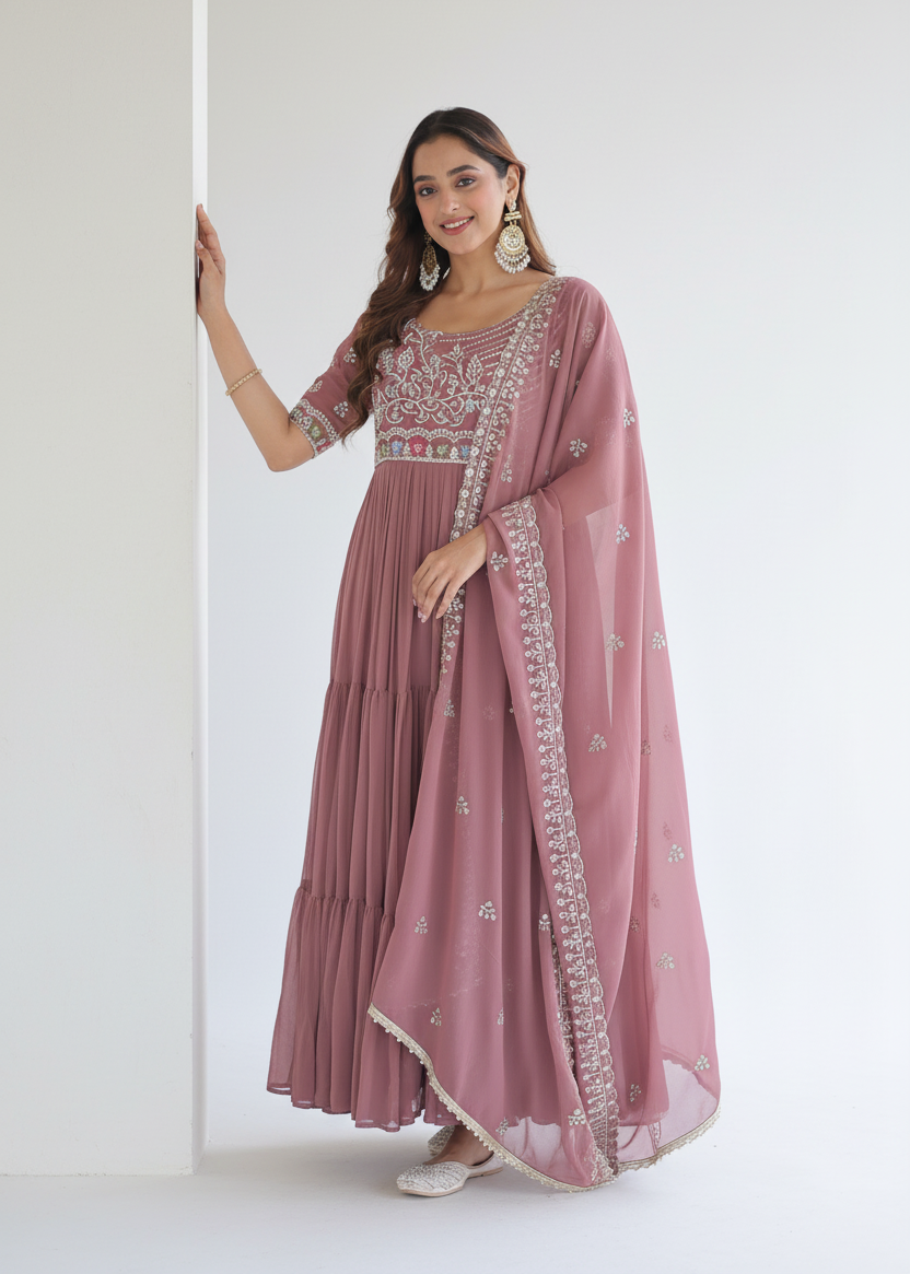 Studio elegant pose dusty rose anarkali