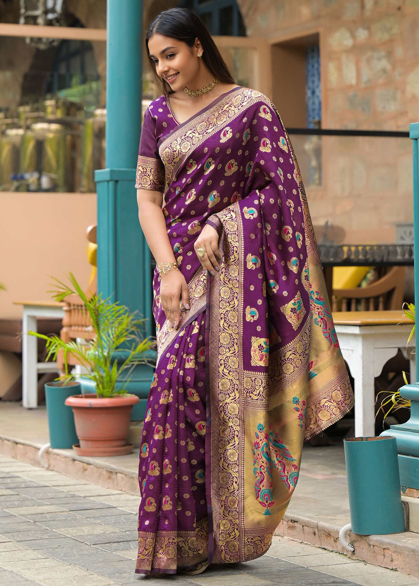 Elegant Wine Purple Banarasi Silk Saree with Antique Gold Zari Work