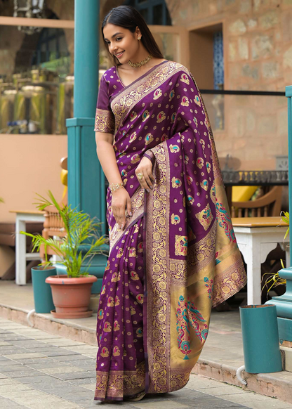 Elegant Wine Purple Banarasi Silk Saree with Antique Gold Zari Work