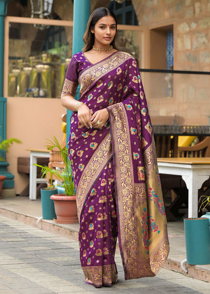 Elegant Wine Purple Banarasi Silk Saree with Antique Gold Zari Work