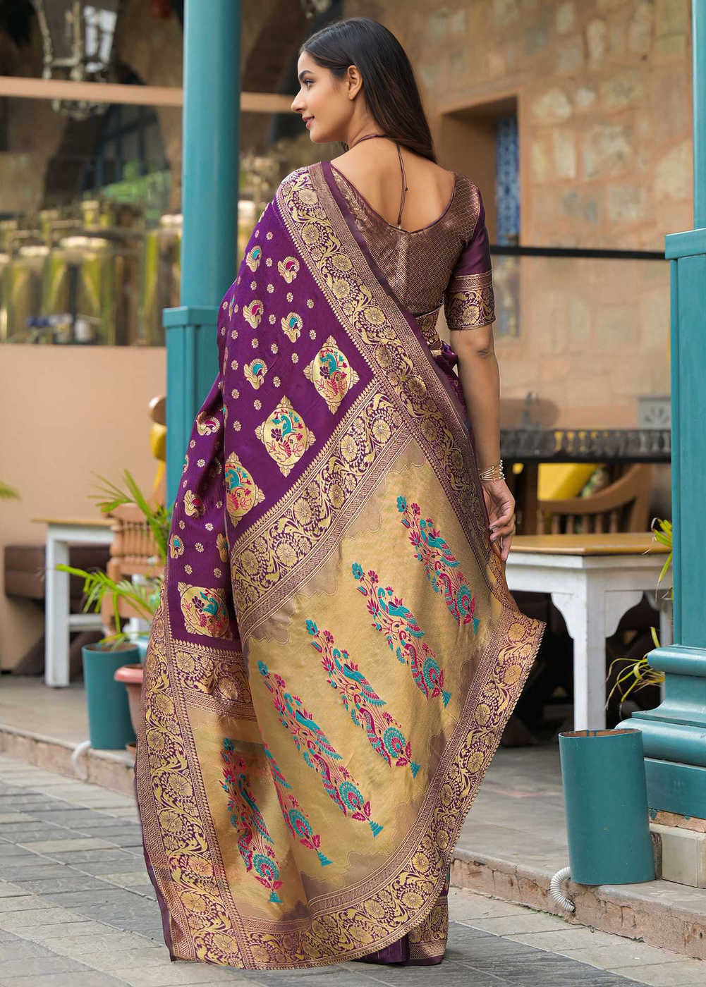 Elegant Wine Purple Banarasi Silk Saree with Antique Gold Zari Work