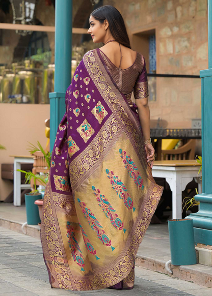 Elegant Wine Purple Banarasi Silk Saree with Antique Gold Zari Work