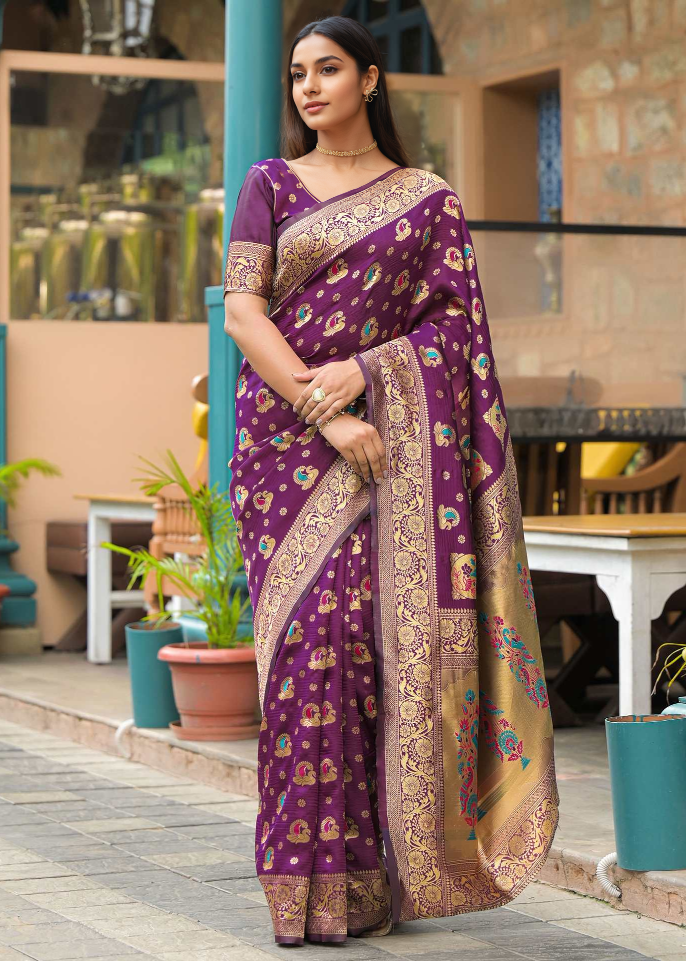 Elegant Wine Purple Banarasi Silk Saree with Antique Gold Zari Work
