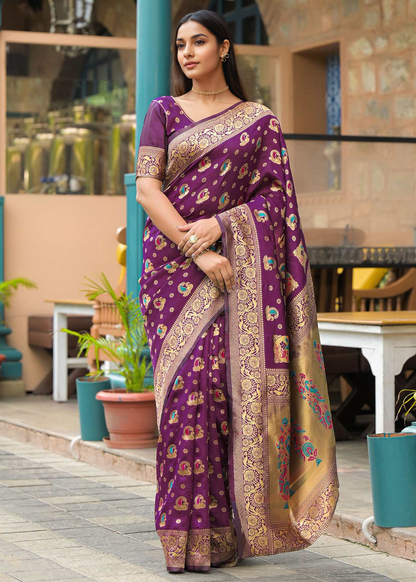 Elegant Wine Purple Banarasi Silk Saree with Antique Gold Zari Work