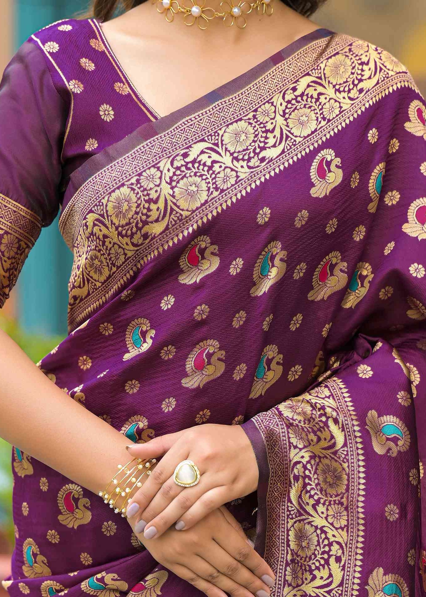Elegant Wine Purple Banarasi Silk Saree with Antique Gold Zari Work