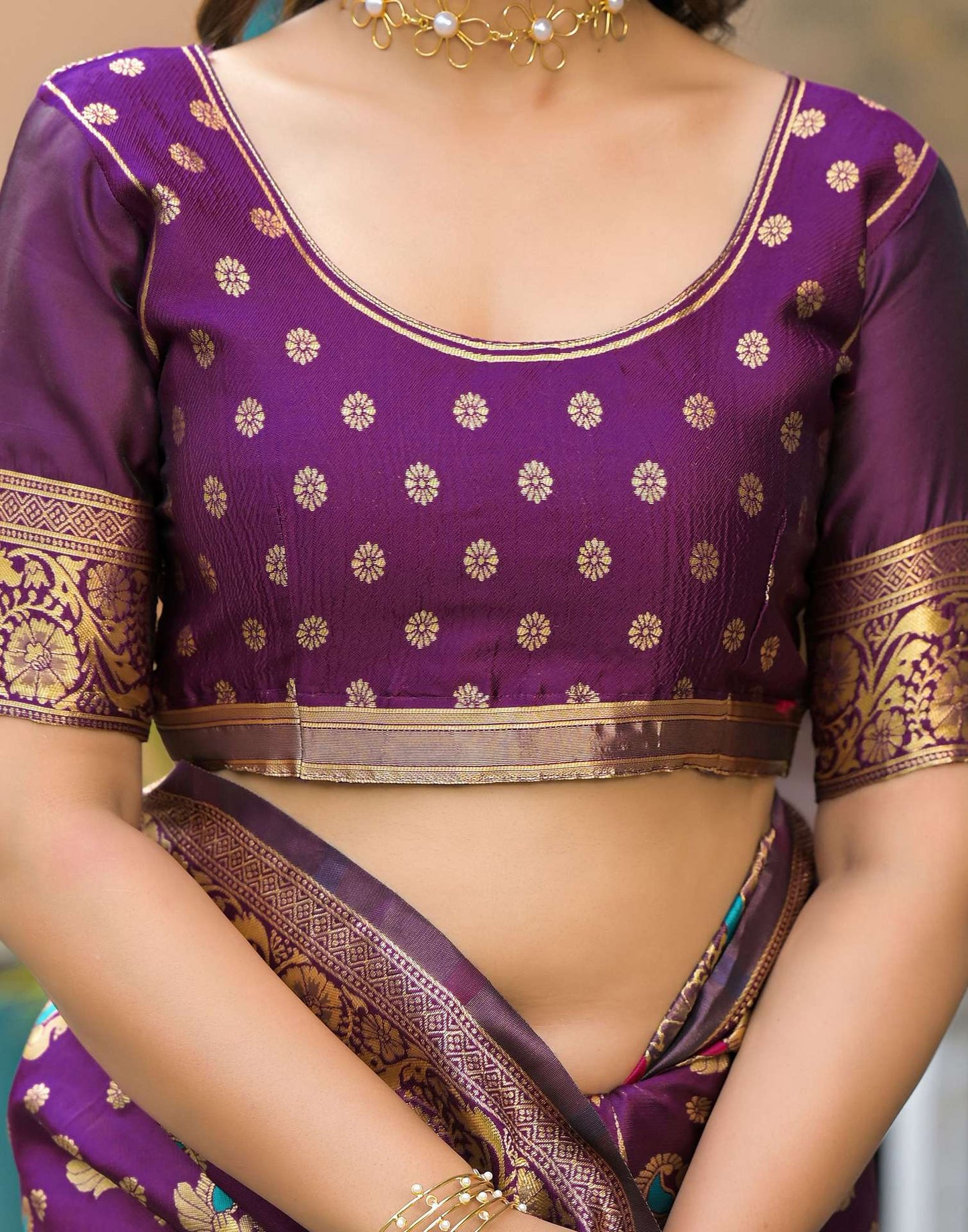 Elegant Wine Purple Banarasi Silk Saree with Antique Gold Zari Work