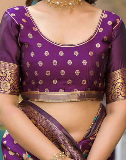 Elegant Wine Purple Banarasi Silk Saree with Antique Gold Zari Work