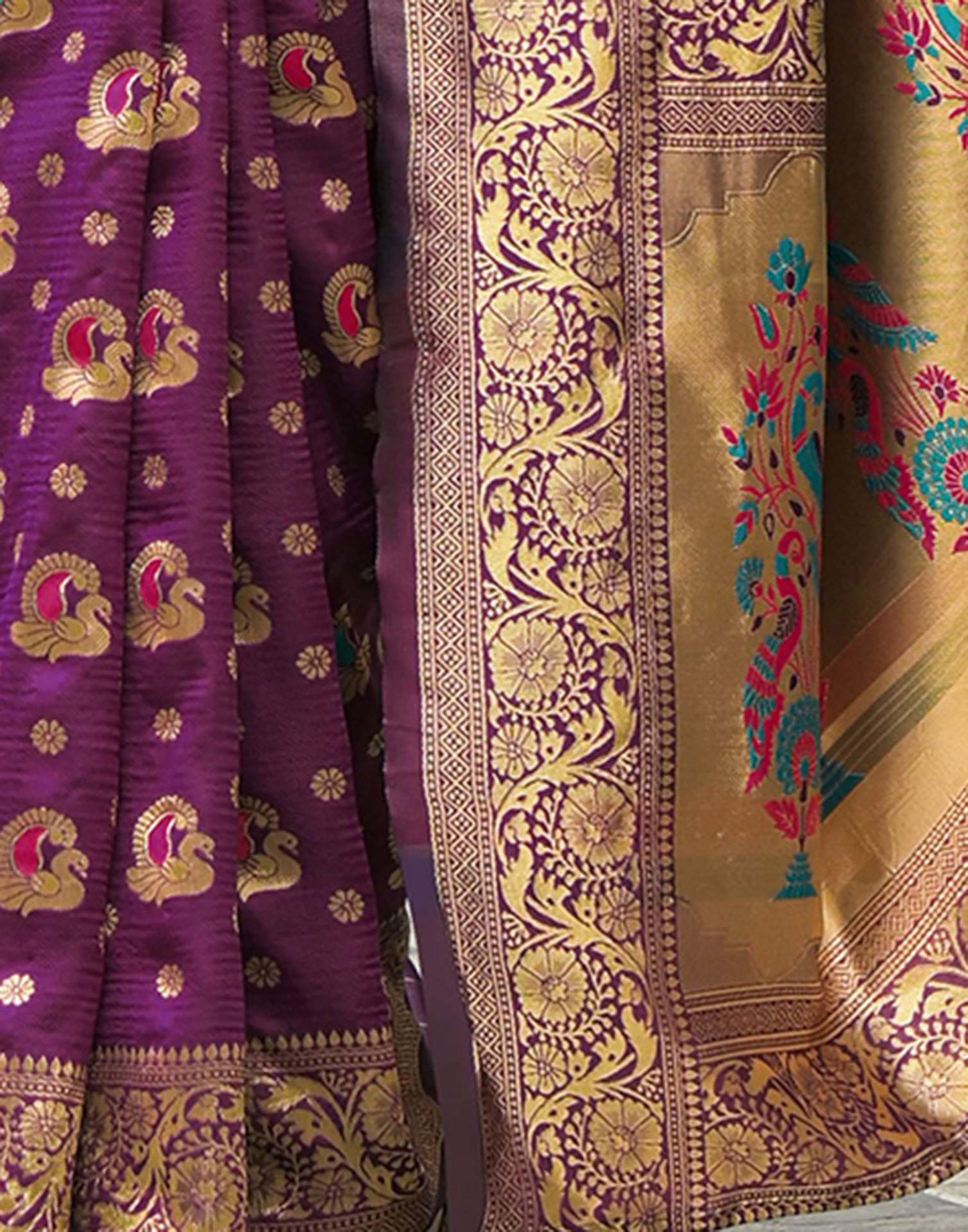 Elegant Wine Purple Banarasi Silk Saree with Antique Gold Zari Work